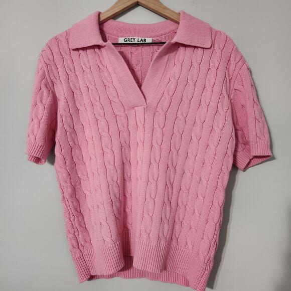 Grey Lab Anthropologie Cable-knit Polo Sweater Tee In Pink, S Tennis Pickleball - Picture 2 of 8